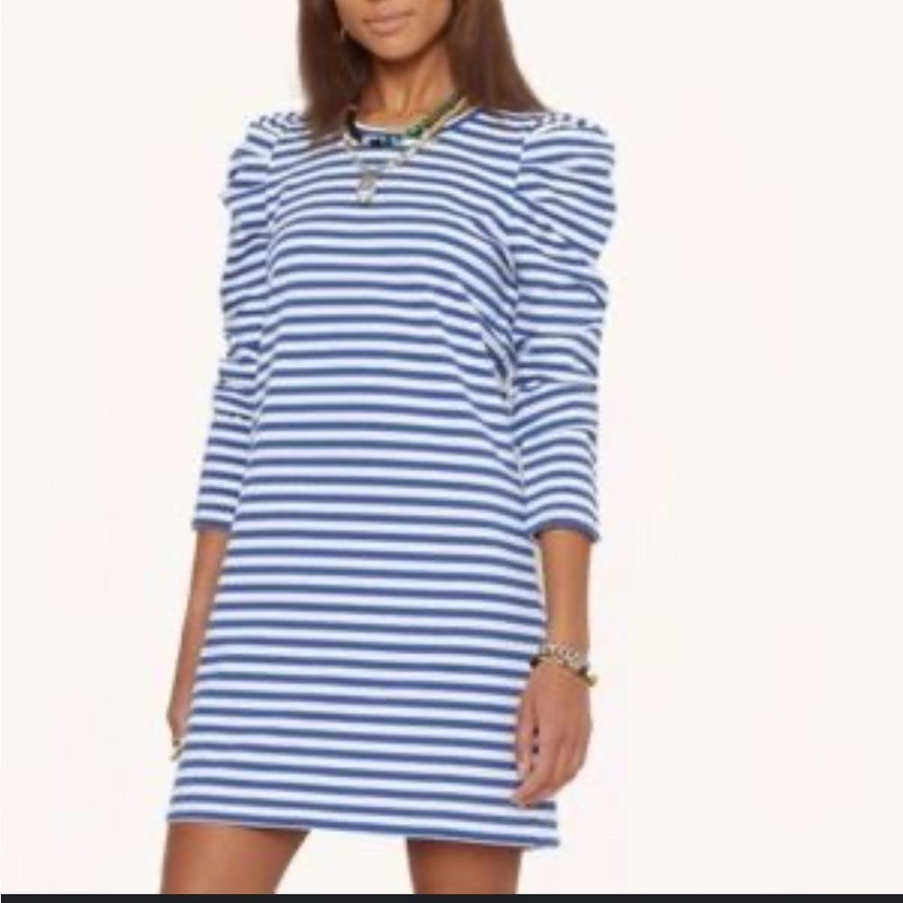 Rebecca Minkoff Blue and White Striped Puff-Sleeve Shift Dress